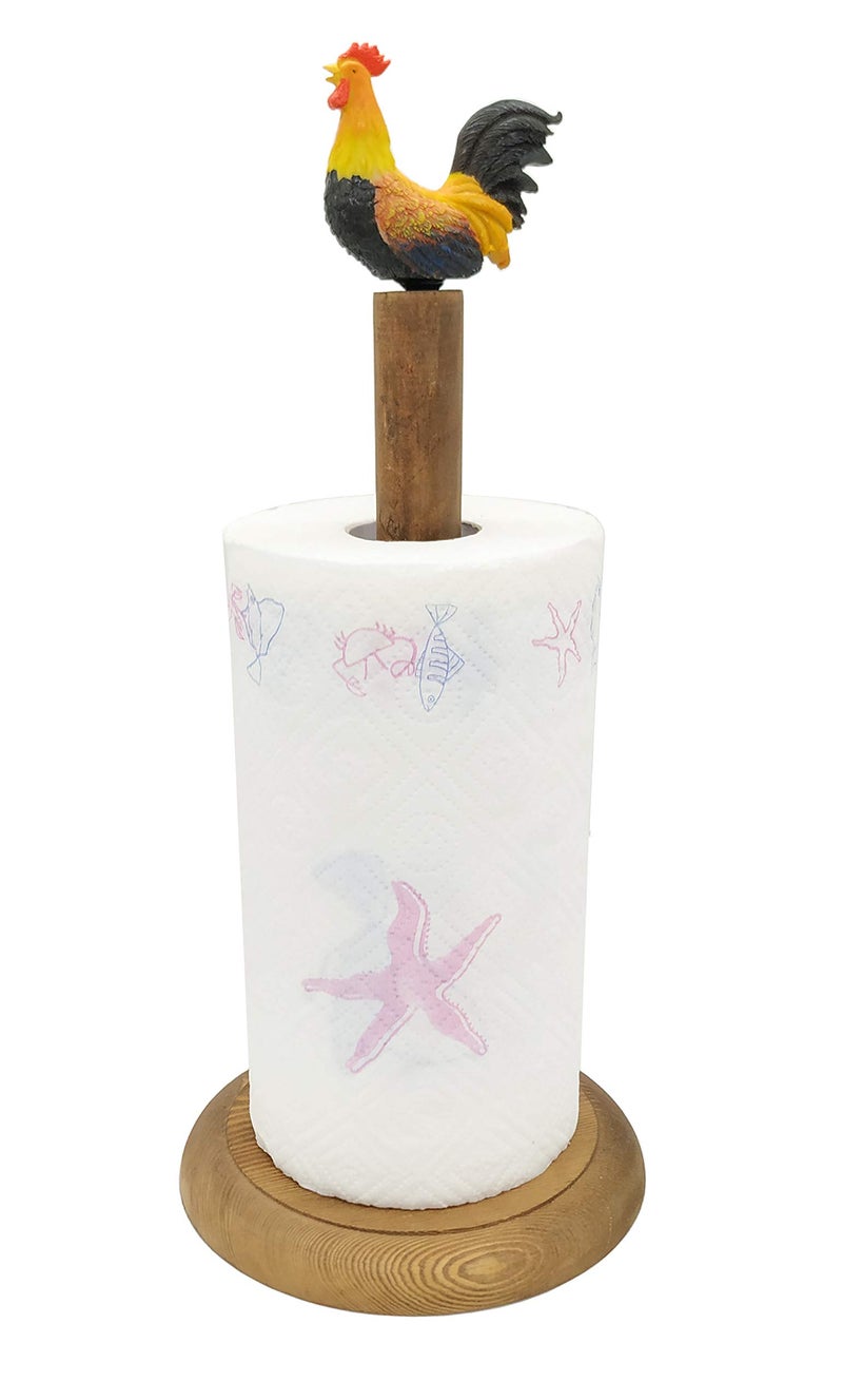 Owlgift Rooster Design Rustic Brown Wood Paper Towel Holder Stand Up Paper Towel Holder, Easy One-Handed Tear Kitchen Paper Towel Dispenser with Weighted Base for Standard Paper Towel Rolls - Image 2